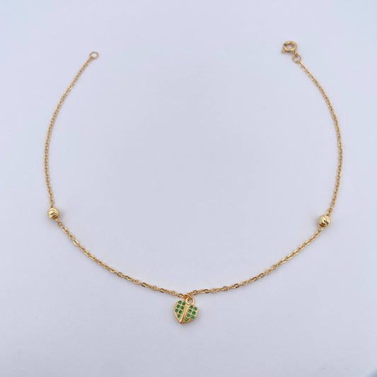 Ankle bracelet Classic Link Heart 2.15gr / 25.6cm / 4mm Beads Diamond Cut Green Zircons 18K Yellow Gold &