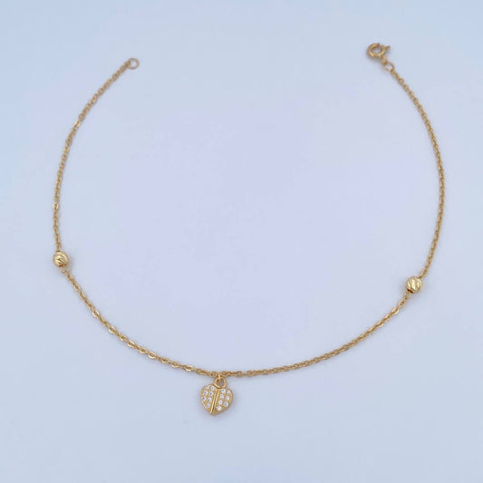 Ankle bracelet Classic Link Heart 2.1gr / 25.4cm / 4mm Beads Diamond Cut White Zircons 18K Yellow Gold &