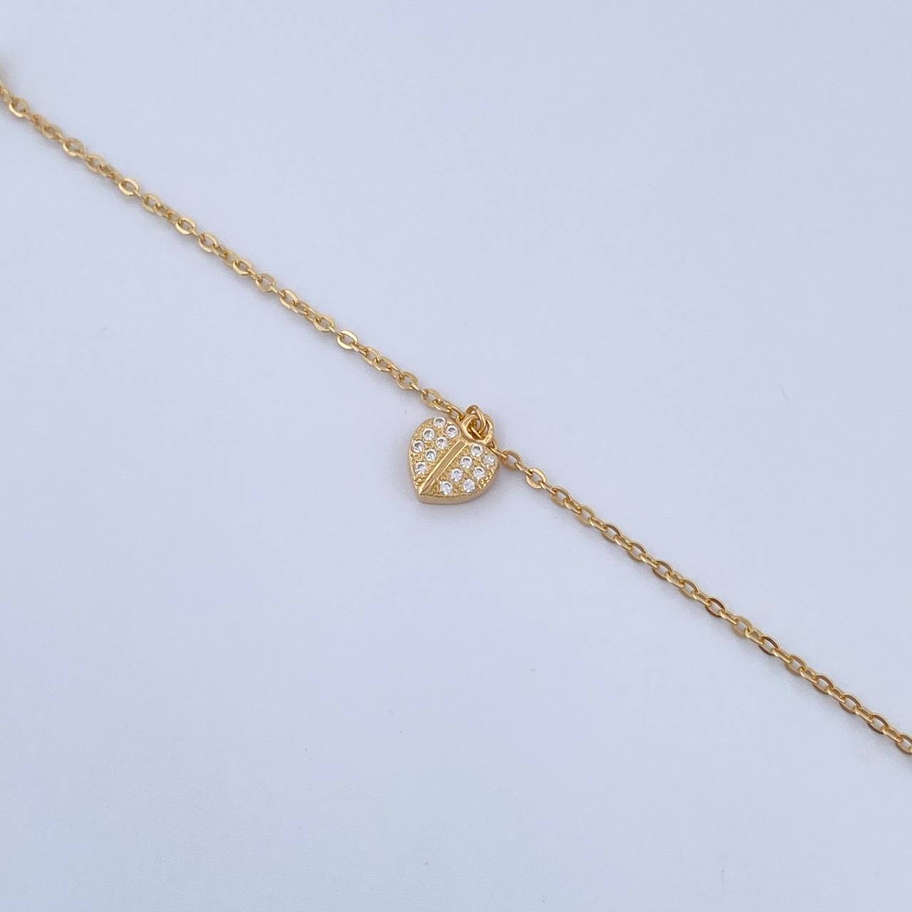 Ankle bracelet Classic Link Heart 2.2gr / 25.3cm / 4mm Beads Diamond Cut White Zircons 18K Yellow Gold &
