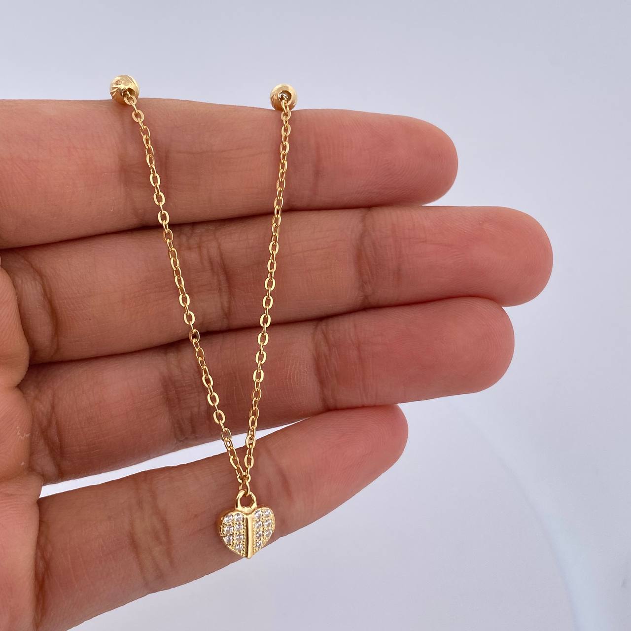 Ankle bracelet Classic Link Heart 2.1gr / 25.4cm / 4mm Beads Diamond Cut White Zircons 18K Yellow Gold &