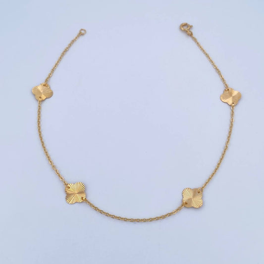 Tobillera Aro Seguido Treboles 1.9gr / 25cm / 1.1mm Diamantada Oro Amarillo 18K &
