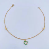Tobillera Aro Seguido Silueta Corazon 2.05gr / 25.1cm / 4mm Bolas Diamantadas Circones Verdes Oro Amarillo 18K &