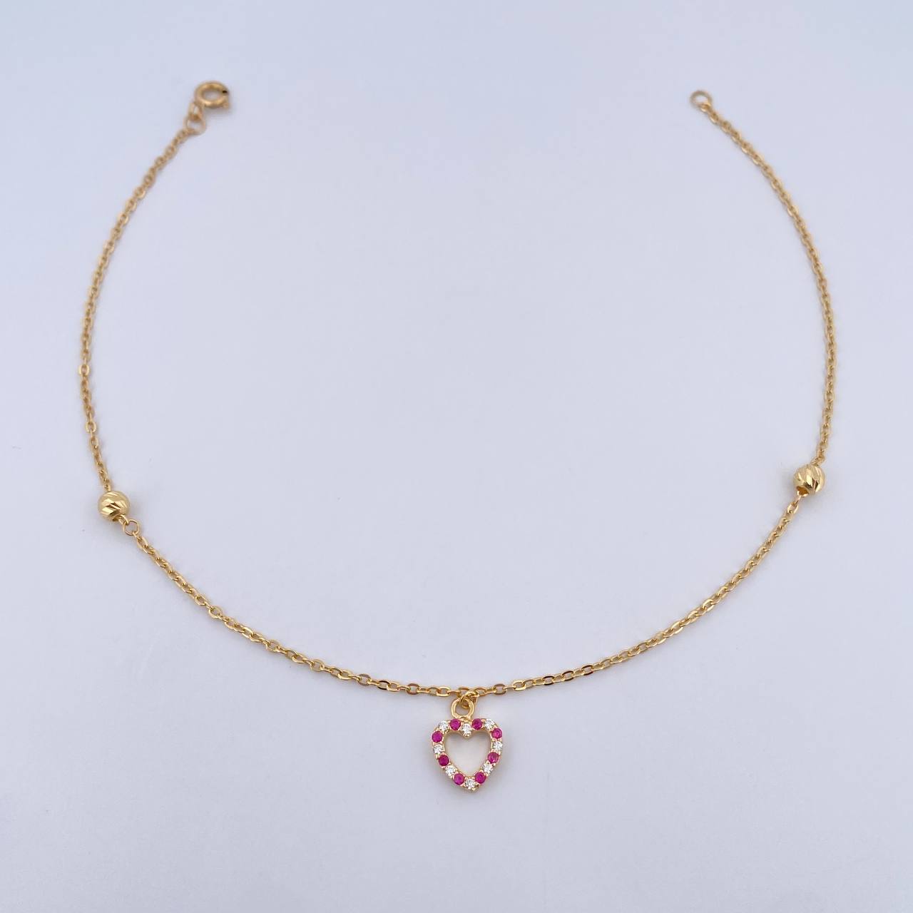 Ankle bracelet Classic Link Heart Silhouette 2.1gr / 25.4cm / 4mm Beads Diamond Cut Fuchsia White Zircons 18K Yellow Gold &