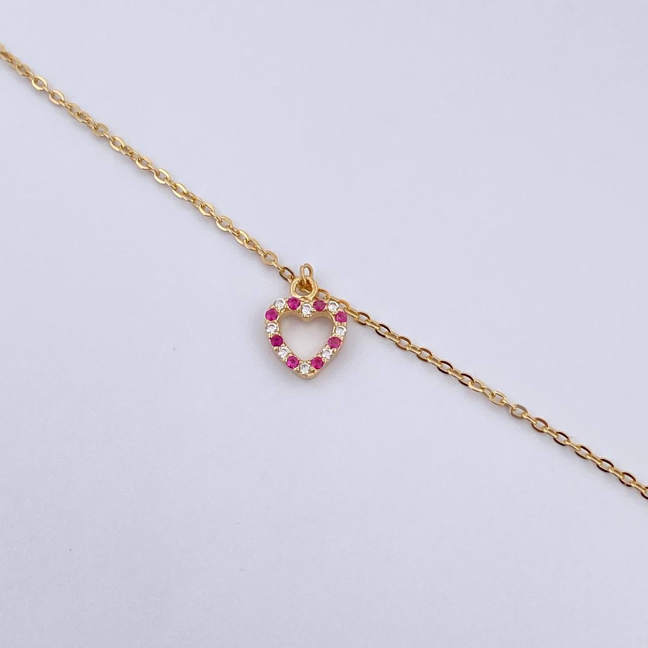 Ankle bracelet Classic Link Heart Silhouette 2.1gr / 25.4cm / 4mm Beads Diamond Cut Fuchsia White Zircons 18K Yellow Gold &