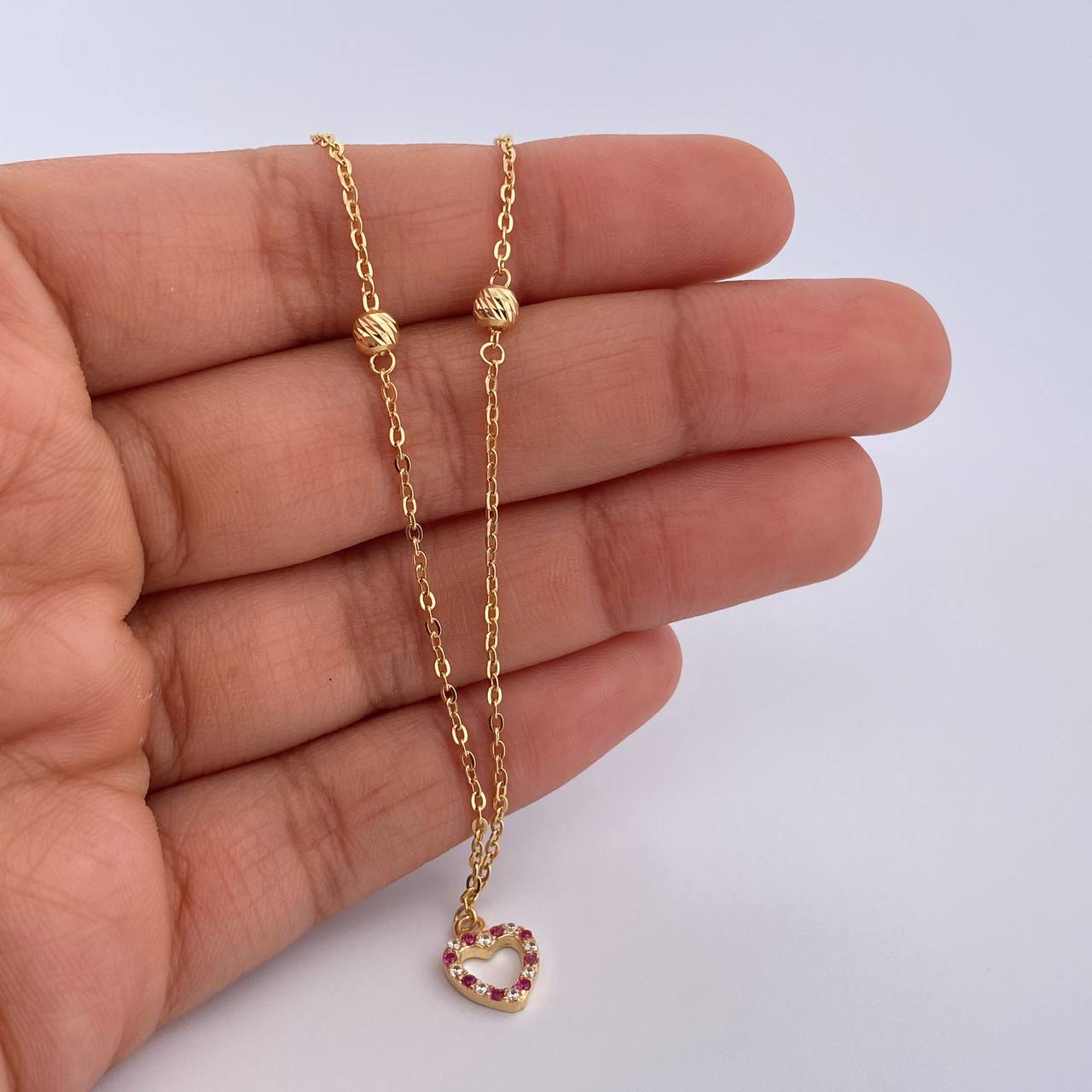 Ankle bracelet Classic Link Heart Silhouette 2.1gr / 25.4cm / 4mm Beads Diamond Cut Fuchsia White Zircons 18K Yellow Gold &