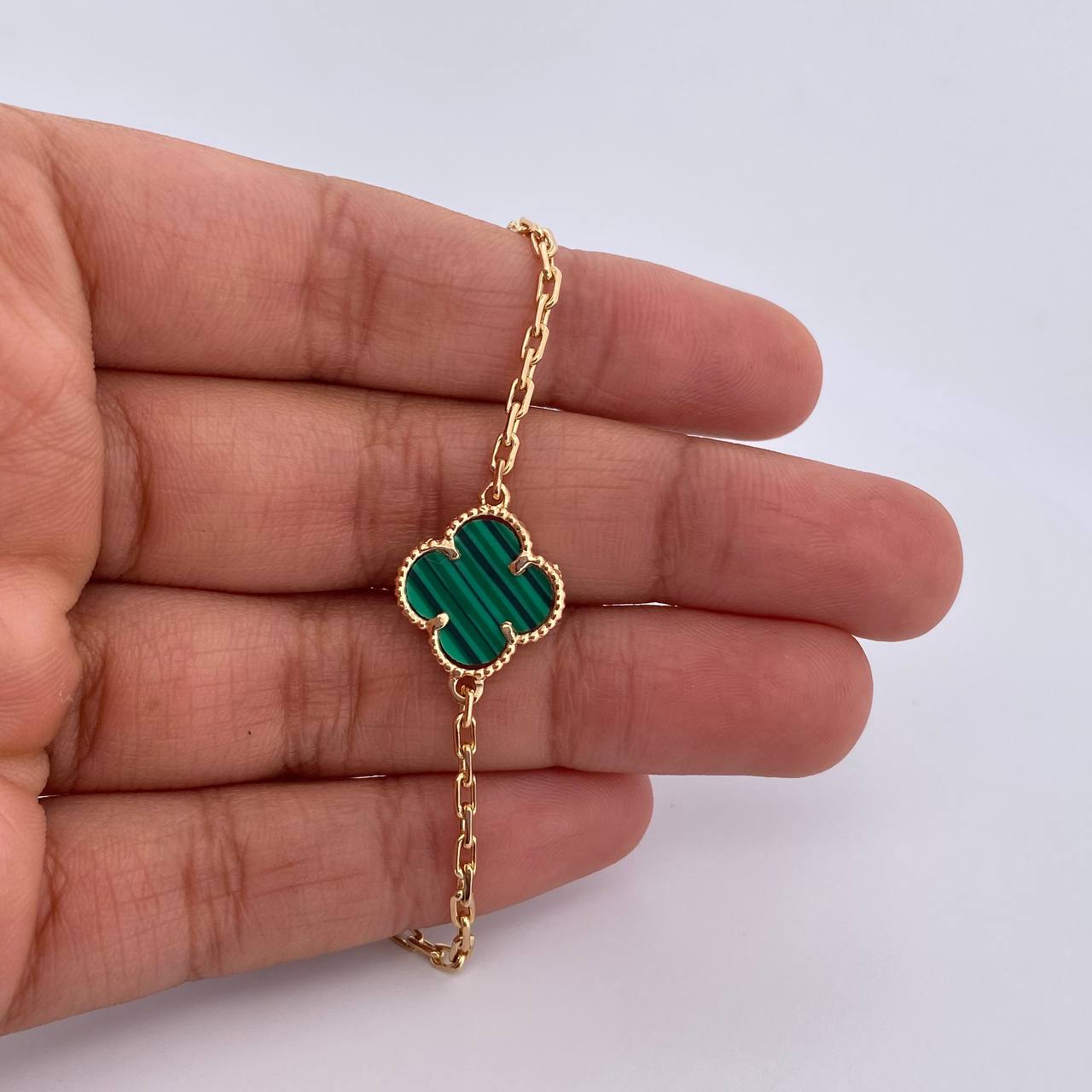 Paperclip Chain Clover 25.55gr / 60cm / 1.9mm Green Malachite 18K Yellow Gold $