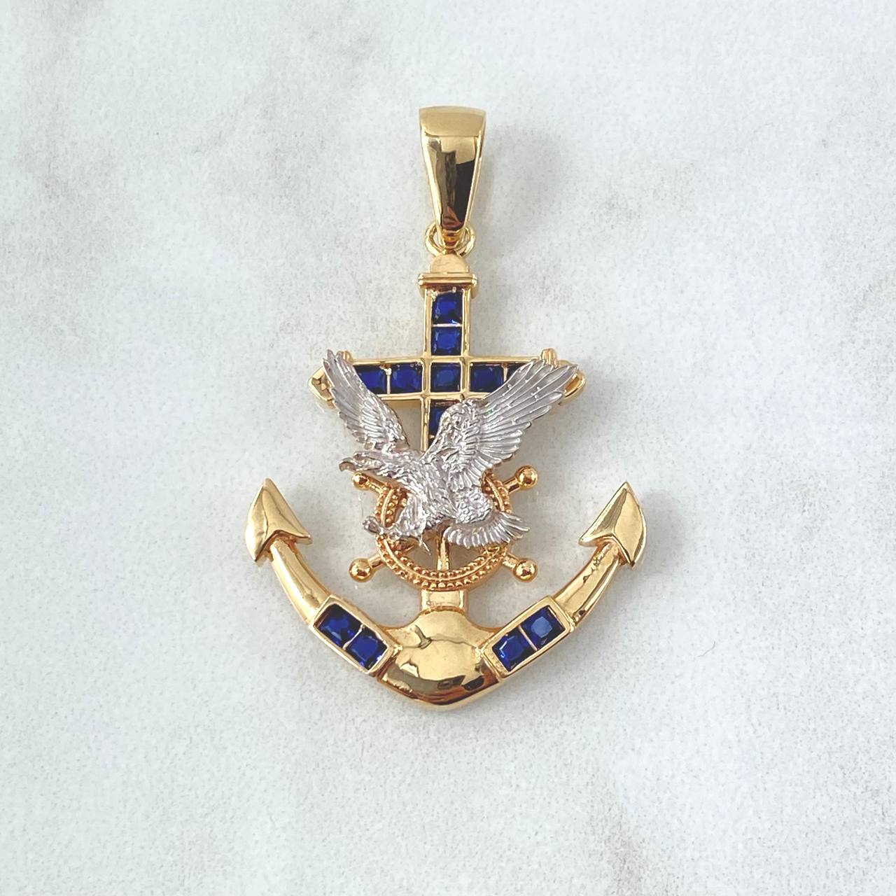 Pendant Anchor Rudder Eagle 6.2gr / 4.2cm / Blue Zircons Two Yellow White Gold 18K ©