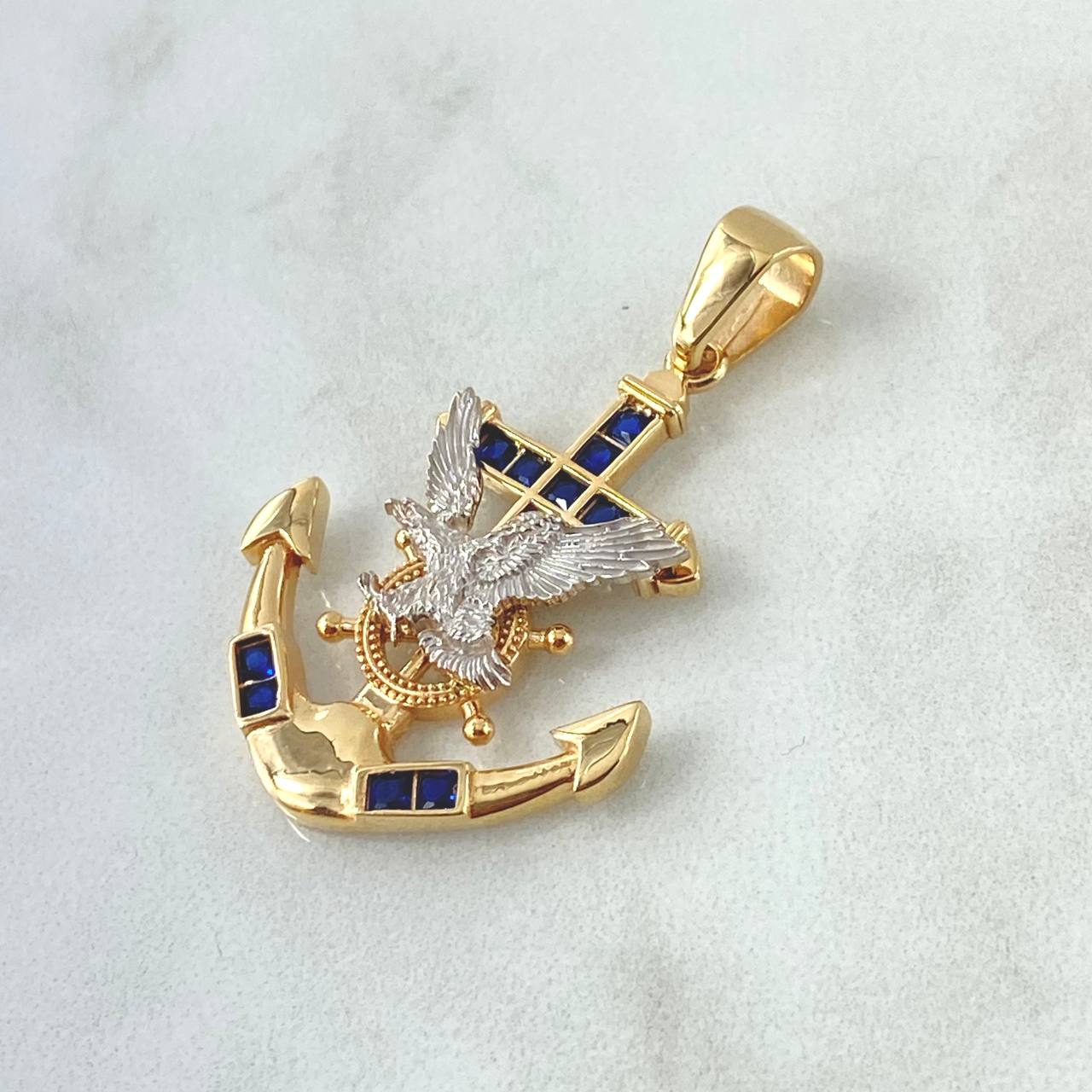 Pendant Anchor Rudder Eagle 6.2gr / 4.2cm / Blue Zircons Two Yellow White Gold 18K ©
