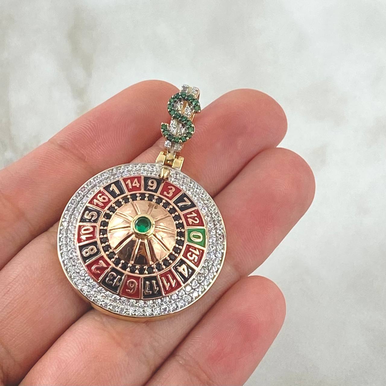 Pendant Mobile Roulette Casino 13.35gr / 4.5cm / Dollar White Green Black Zirconia Two Yellow Pink 18K Gold