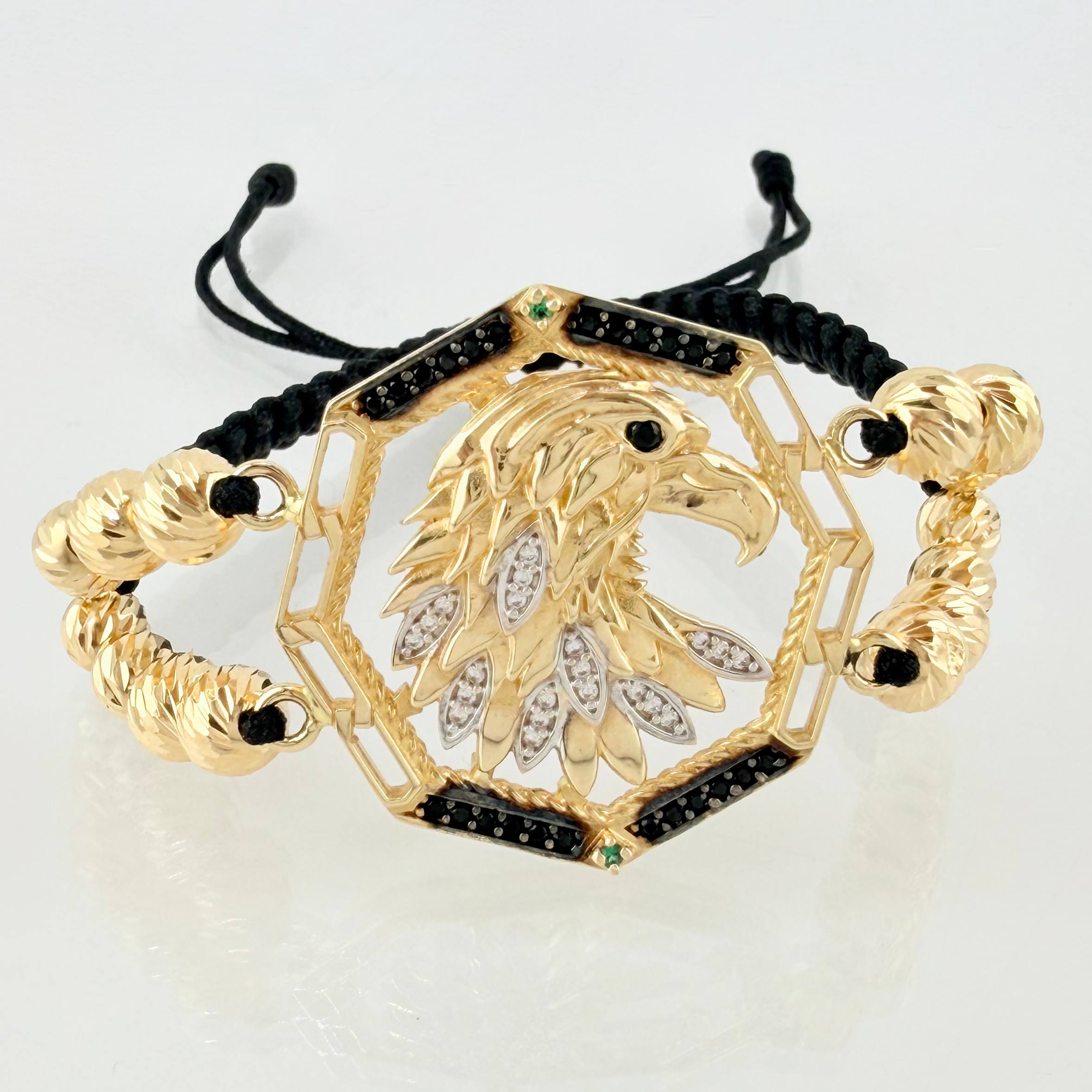 Black Bracelet Medallion Eagle Diamond Cut Beads 16 pcs 10.75gr / 6mm-5mm Yellow Gold 18K *