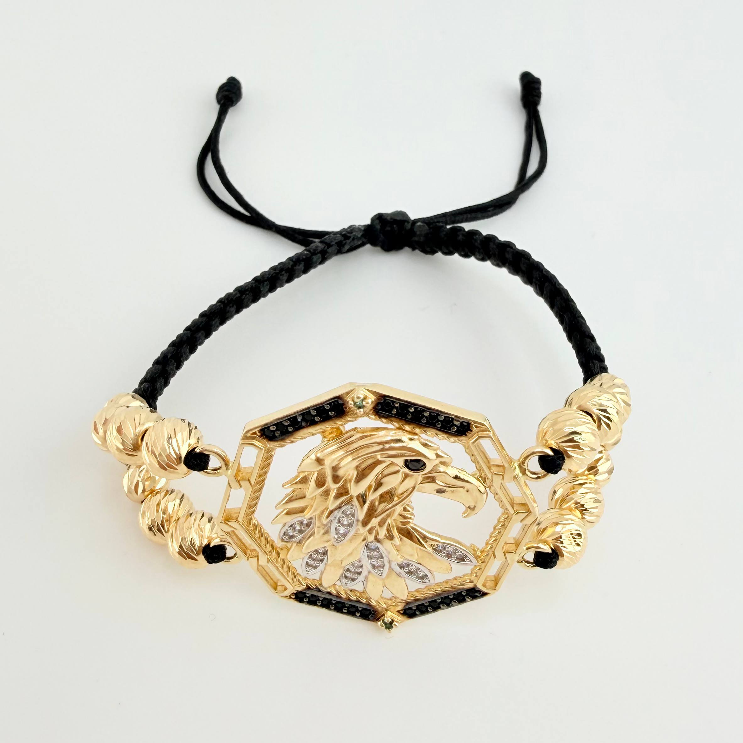 Black Bracelet Medallion Eagle Diamond Cut Beads 16 pcs 10.75gr / 6mm-5mm Yellow Gold 18K *