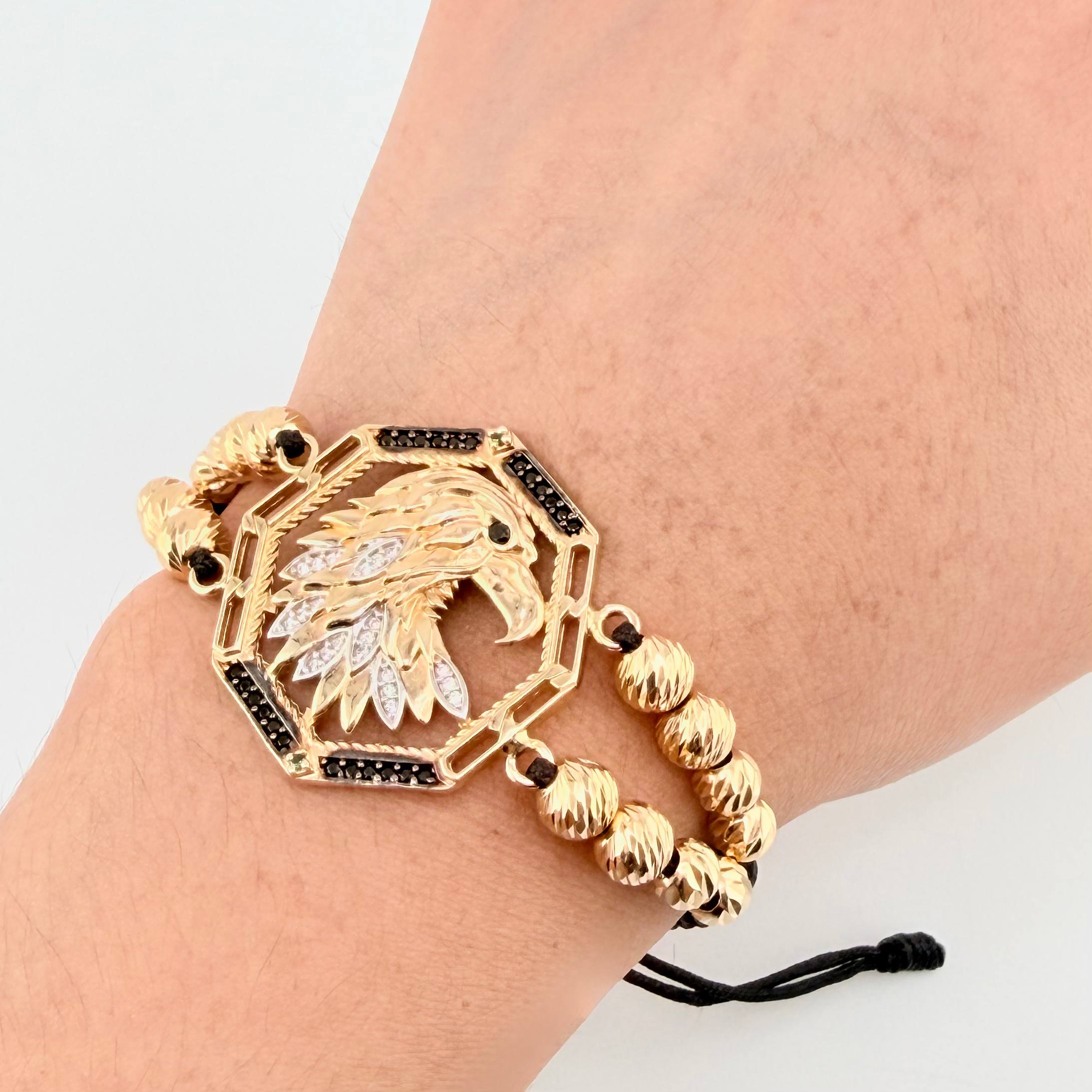 Black Bracelet Medallion Eagle Diamond Cut Beads 16 pcs 10.75gr / 6mm-5mm Yellow Gold 18K *