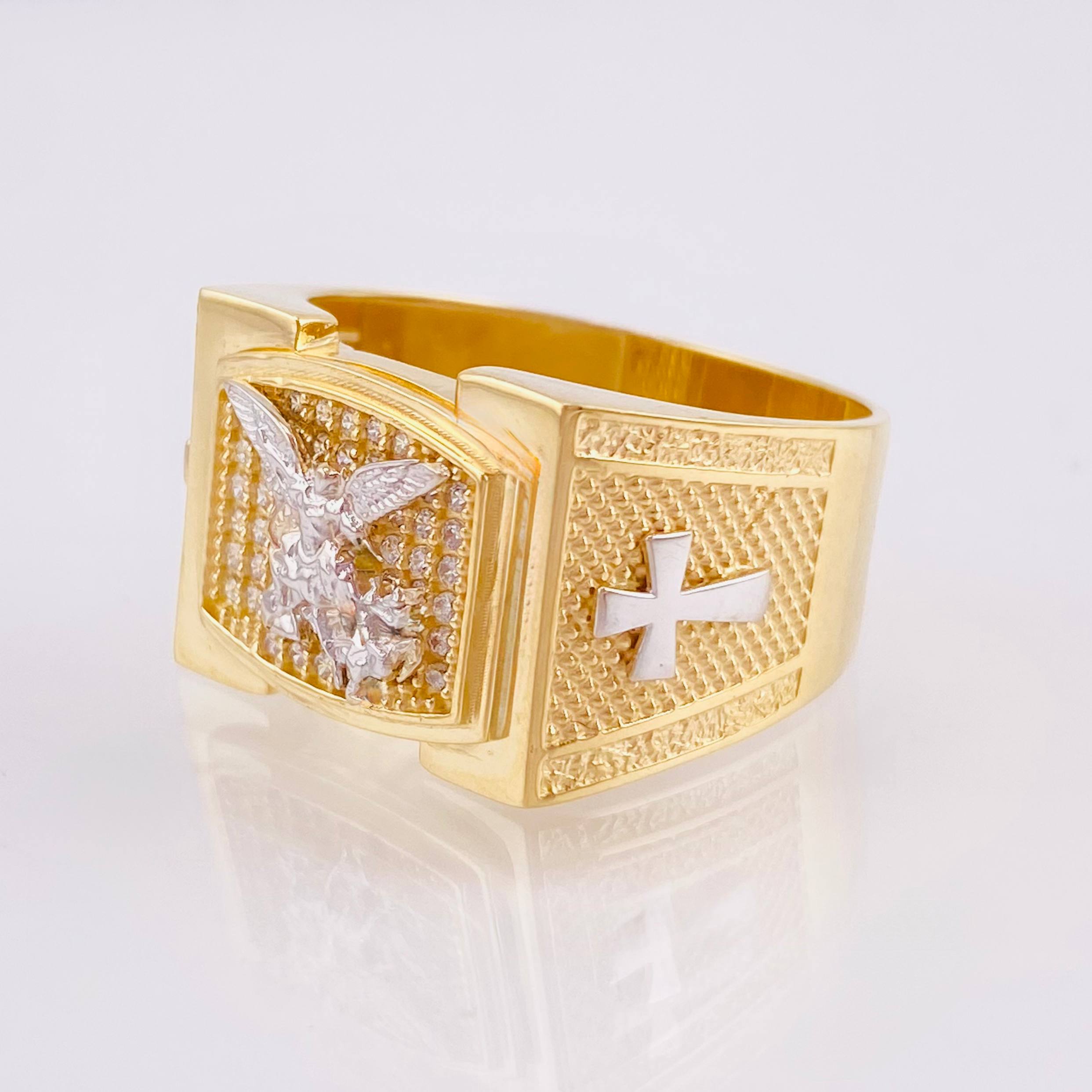 Anillo San Miguel Arcangel 7.55gr / T11 / Dos Oros Amarillo Blanco 18K ©