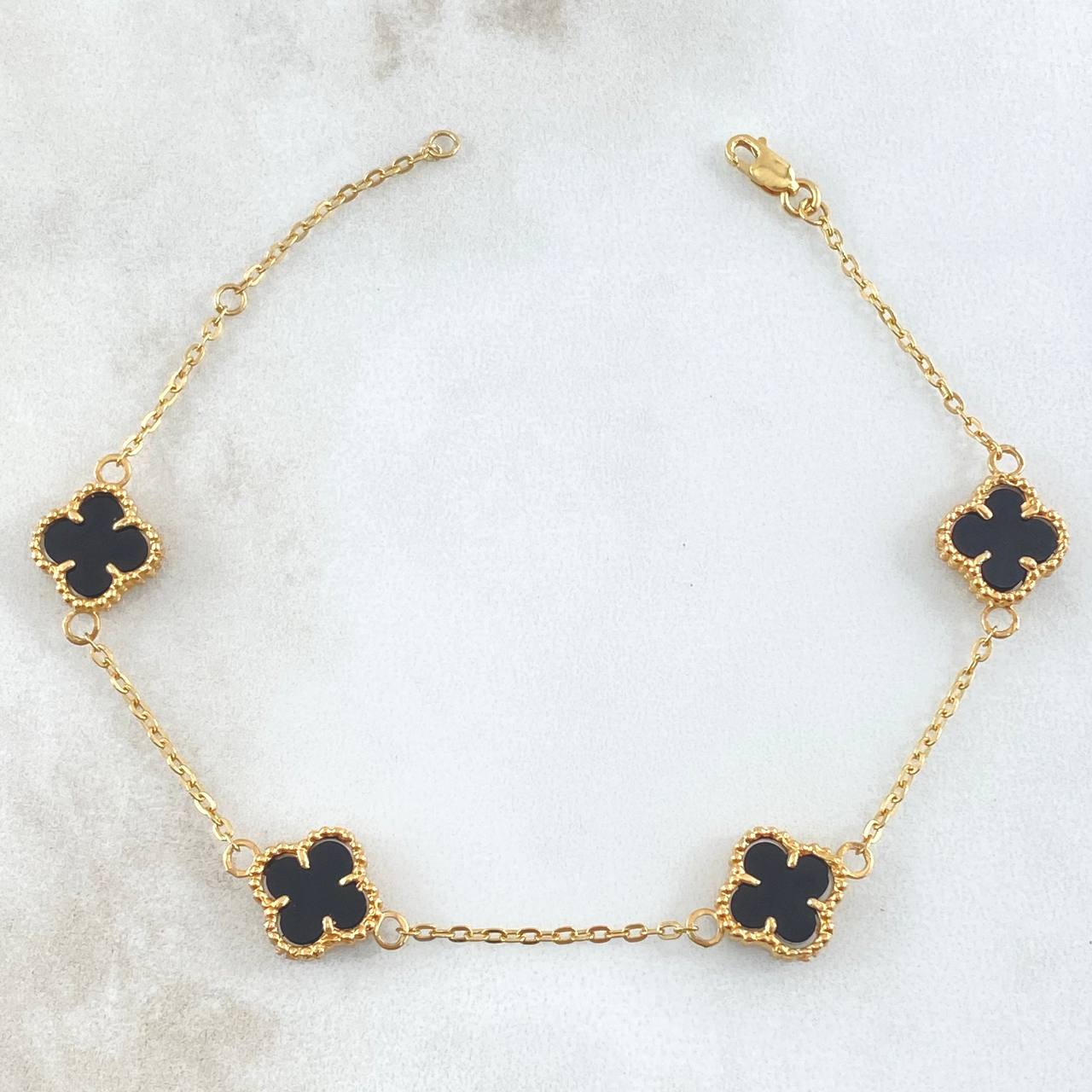 Classic Link Bracelet Trébol VCyA Gradual 5.6gr / 16.5cm-19cm / 1.5mm Black Onyx Dotted 4pcs 18K Yellow Gold ©