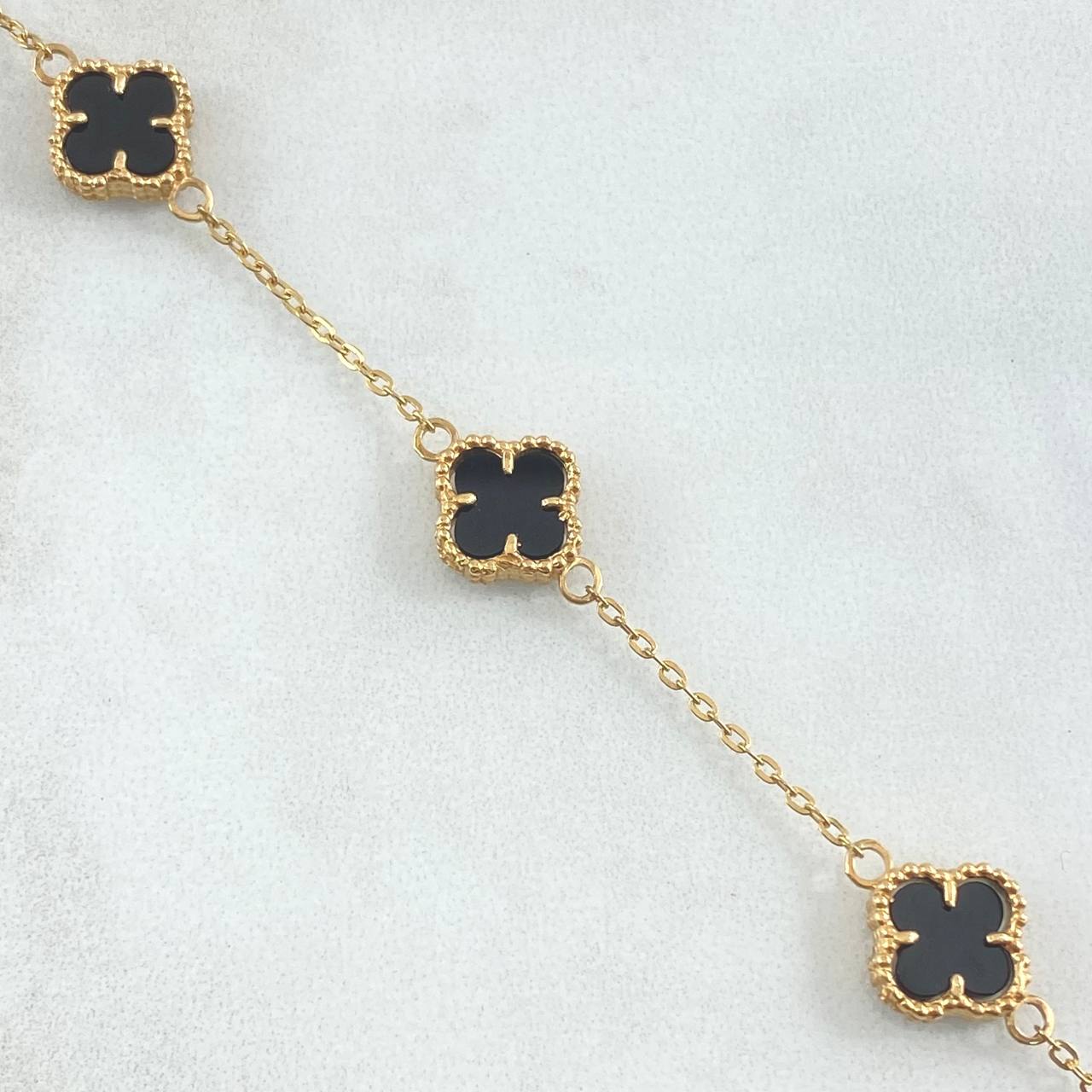 Classic Link Bracelet Trébol VCyA Gradual 5.6gr / 16.5cm-19cm / 1.5mm Black Onyx Dotted 4pcs 18K Yellow Gold ©