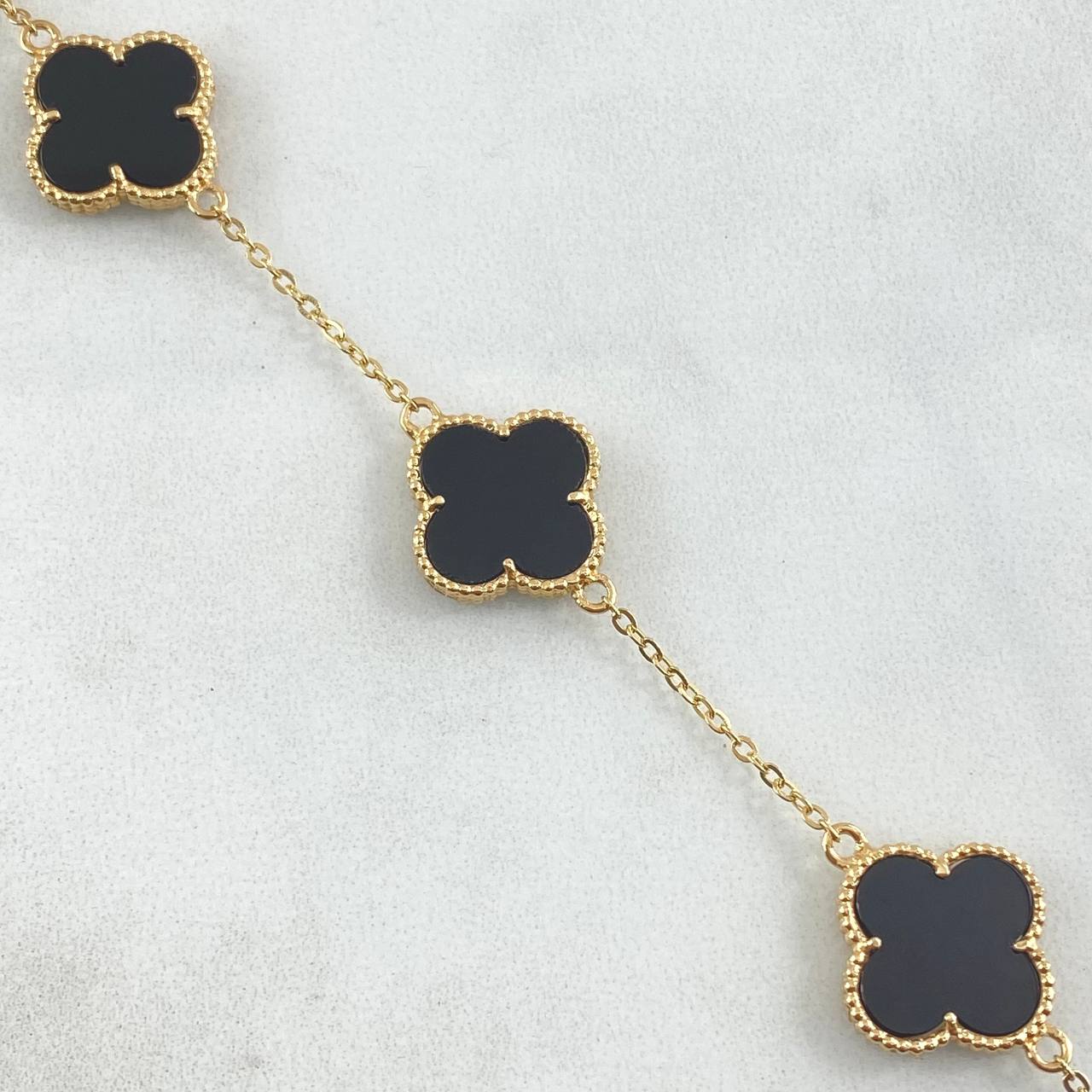 Classic Link Bracelet Gradual VCyA Clover 5.85gr / 16cm-17.5cm / 1.5mm Black Onyx Dotted 3pcs 18K Yellow Gold *