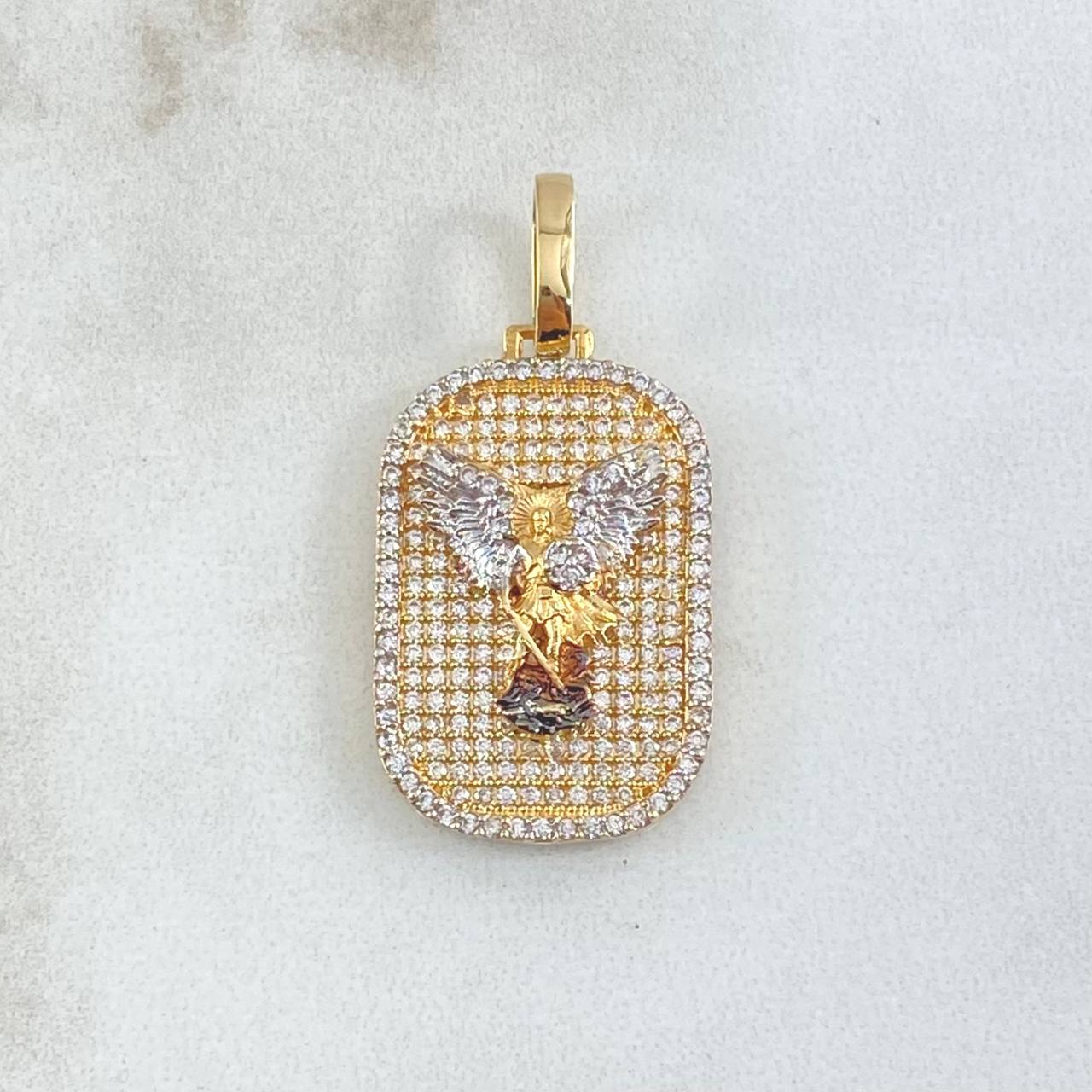 Pendant Archangel San Miguel Plate 6gr / 3.4cm / White Zircon Relief 18K Yellow Gold ©