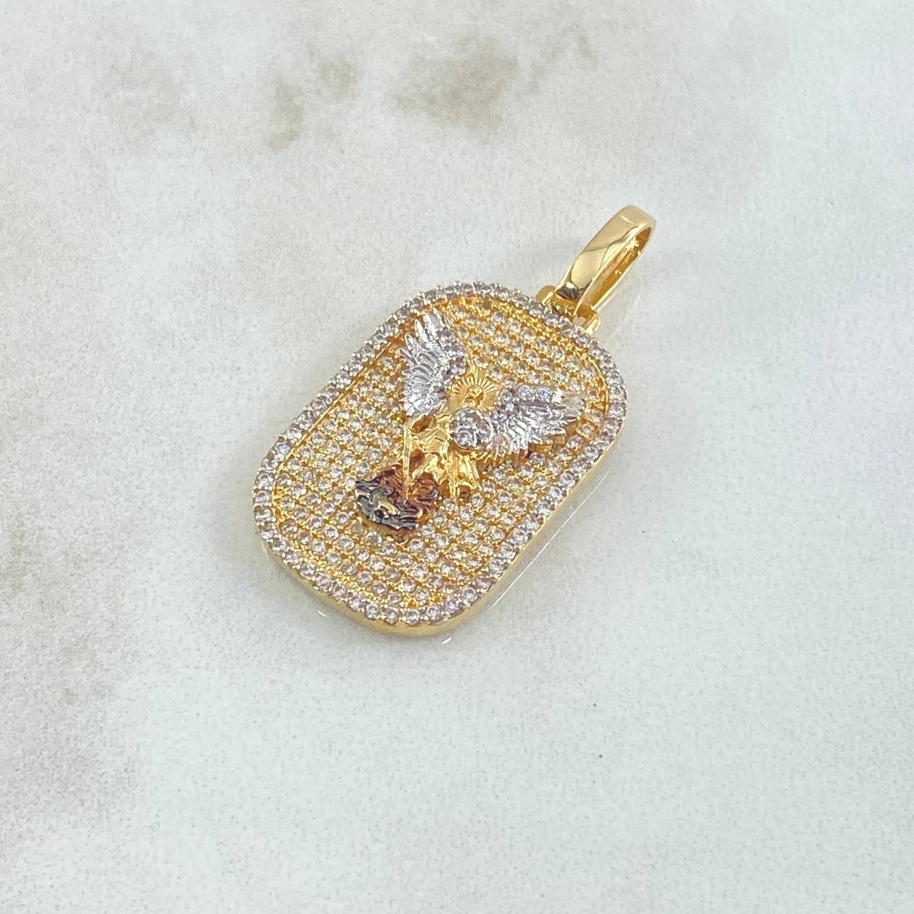 Pendant Archangel San Miguel Plate 6gr / 3.4cm / White Zircon Relief 18K Yellow Gold ©