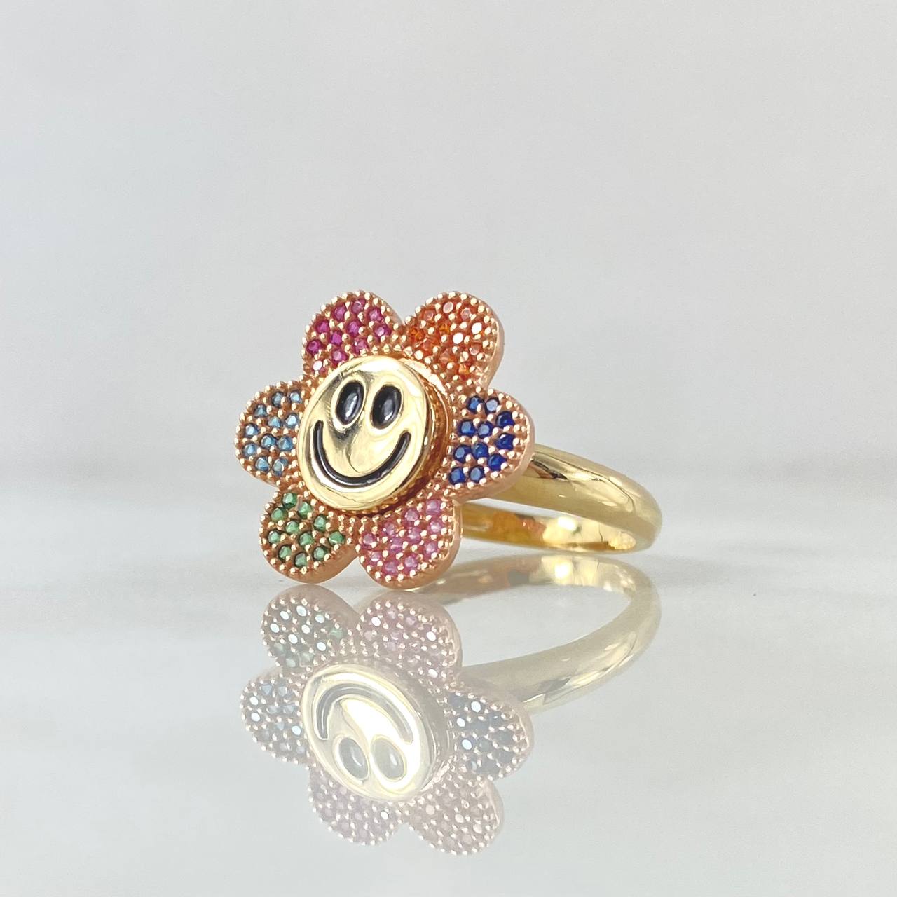 Happy Face Flower Ring Mobile 4.85gr / T6 1/2 / Multicolor Zircons 18K Yellow Gold ©