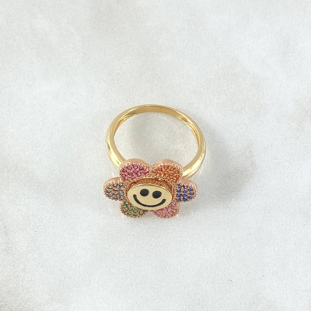 Happy Face Flower Ring Mobile 4.85gr / T6 1/2 / Multicolor Zircons 18K Yellow Gold ©