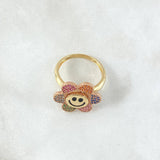 Happy Face Flower Ring Mobile 4.85gr / T6 1/2 / Multicolor Zircons 18K Yellow Gold ©