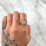Happy Face Flower Ring Mobile 4.85gr / T6 1/2 / Multicolor Zircons 18K Yellow Gold ©