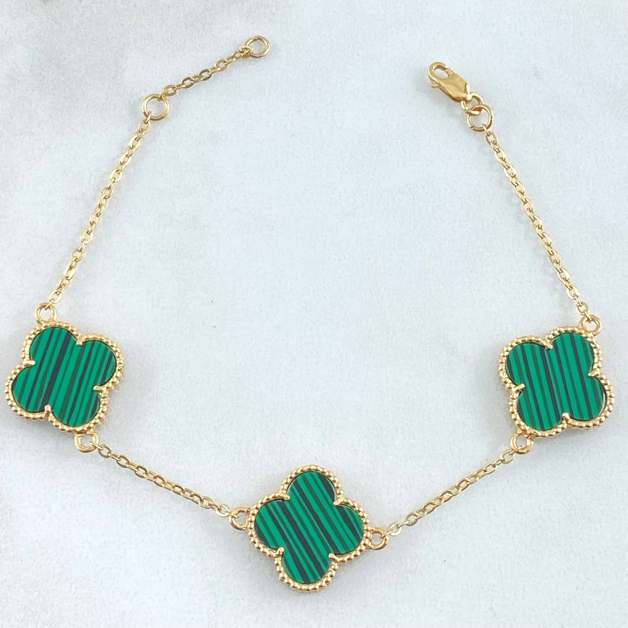 Classic Link Bracelet Gradual VCyA Clover 5.6gr / 16.5cm-18cm / 1.5mm Green Malachite Dotted 3pcs 18K Yellow Gold *