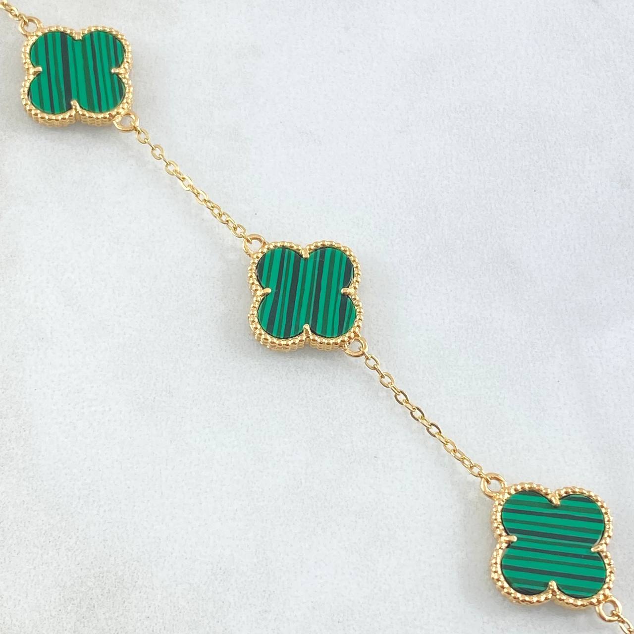 Classic Link Bracelet Gradual VCyA Clover 5.6gr / 16.5cm-18cm / 1.5mm Green Malachite Dotted 3pcs 18K Yellow Gold *