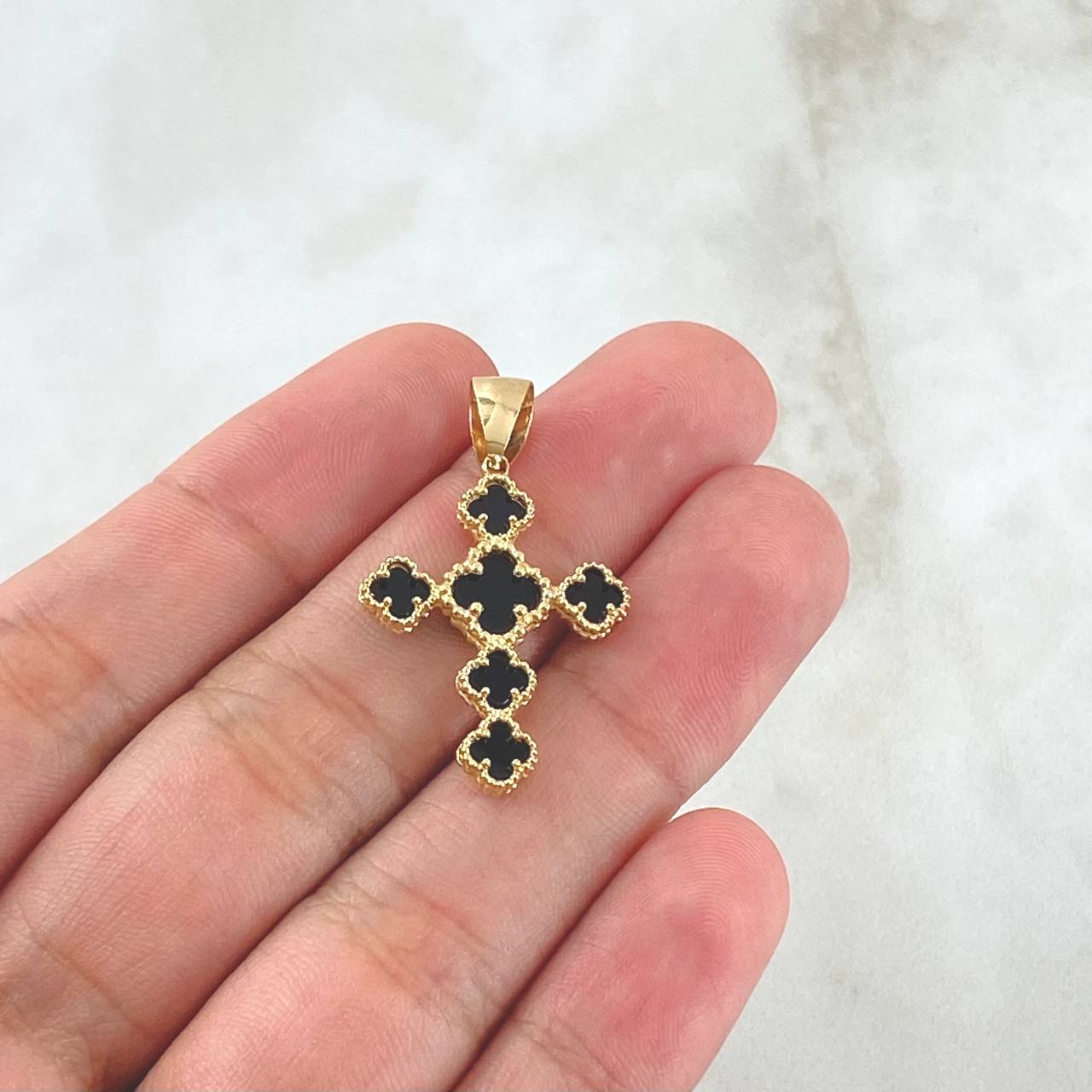 Pendant Four-Leaf Clover VCyA 2.8gr / 3.2cm / Black Onyx Spotted 18K Yellow Gold *