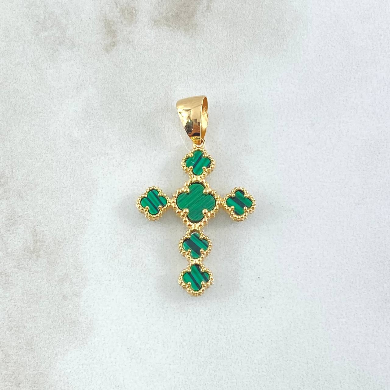Dije Cruz Trébol VCyA 2.75gr / 3.2cm / Malaquita Verde Punteado Oro Amarillo 18K