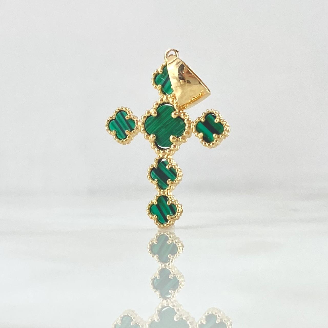 Dije Cruz Trébol VCyA 2.75gr / 3.2cm / Malaquita Verde Punteado Oro Amarillo 18K