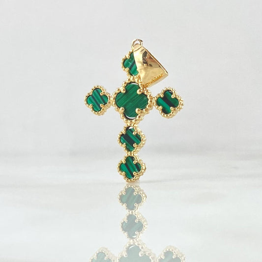 Dije Cruz Trébol VCyA 2.75gr / 3.2cm / Malaquita Verde Punteado Oro Amarillo 18K