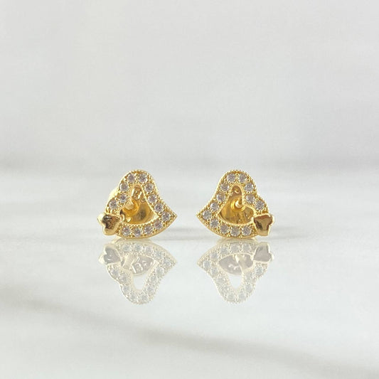 Stud Earrings Double Oblique Heart 0.9gr / 7mm Silhouette White Zircons 18K Yellow Gold