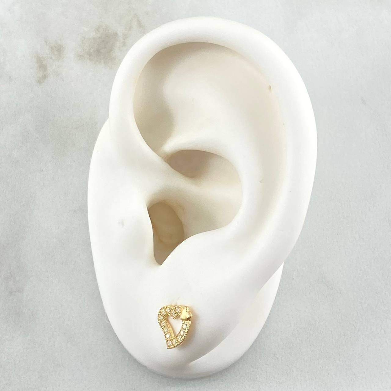 Stud Earrings Double Oblique Heart 0.9gr / 7mm Silhouette White Zircons 18K Yellow Gold