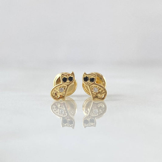 Stud Earrings Cat Coquett Black Eyes 0.8gr / 6mm White Zircons 18K Yellow Gold