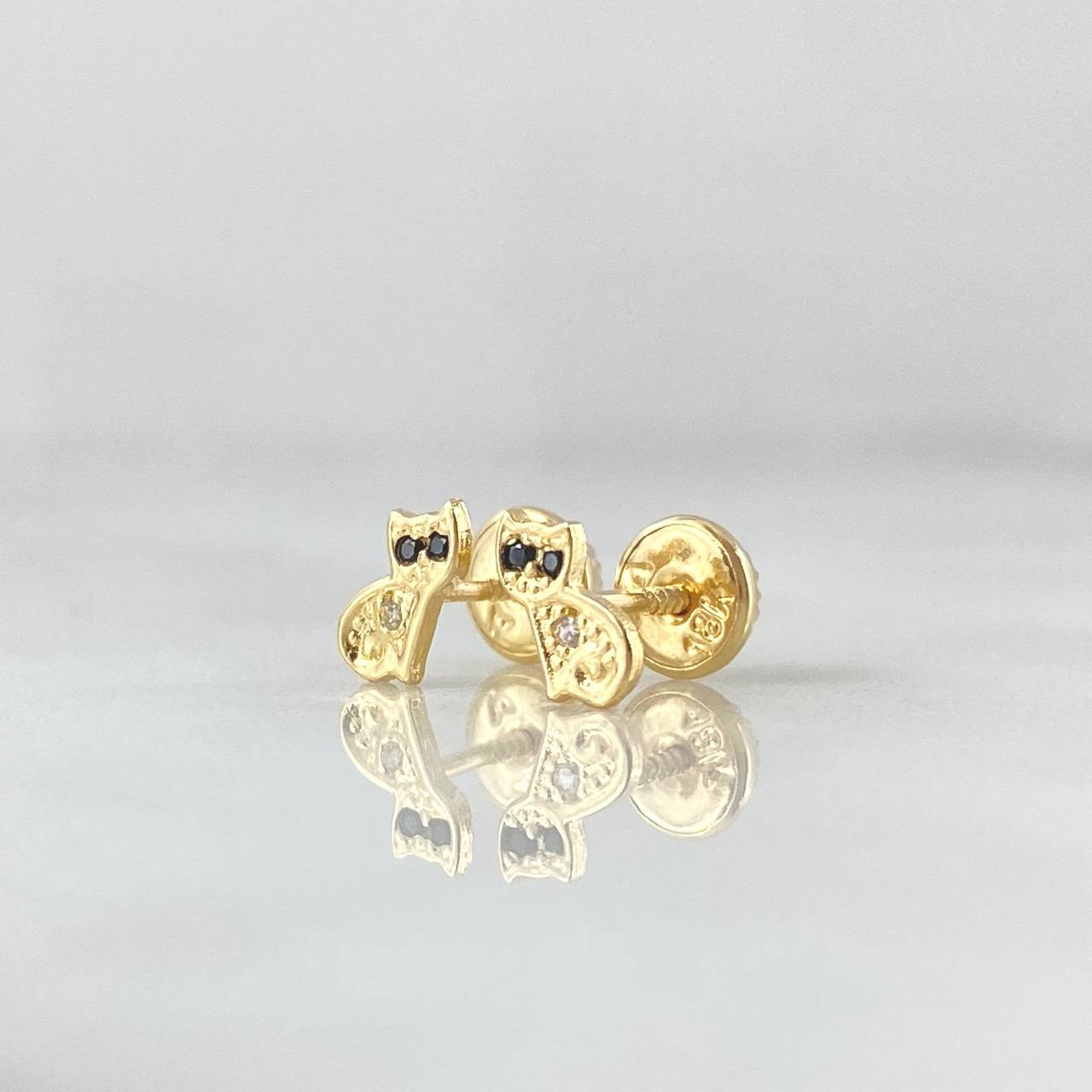 Stud Earrings Cat Coquett Black Eyes 0.8gr / 6mm White Zircons 18K Yellow Gold ©