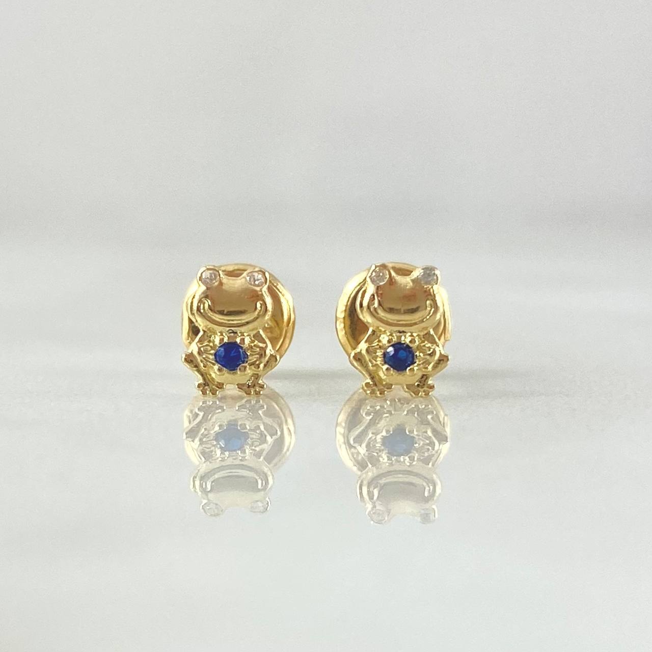 Stud Earrings Animated Frog 0.65gr / 6mm White Zircons Royal Blue 18K Yellow Gold *