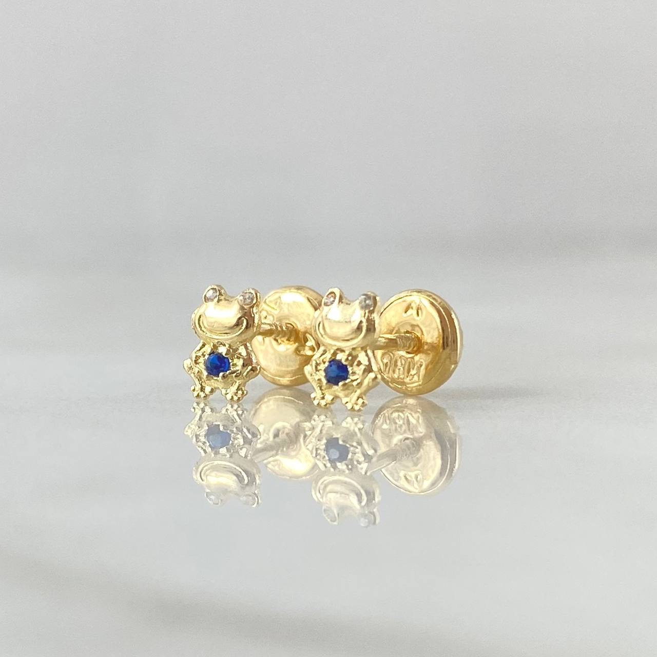 Stud Earrings Animated Frog 0.65gr / 6mm White Zircons Royal Blue 18K Yellow Gold *