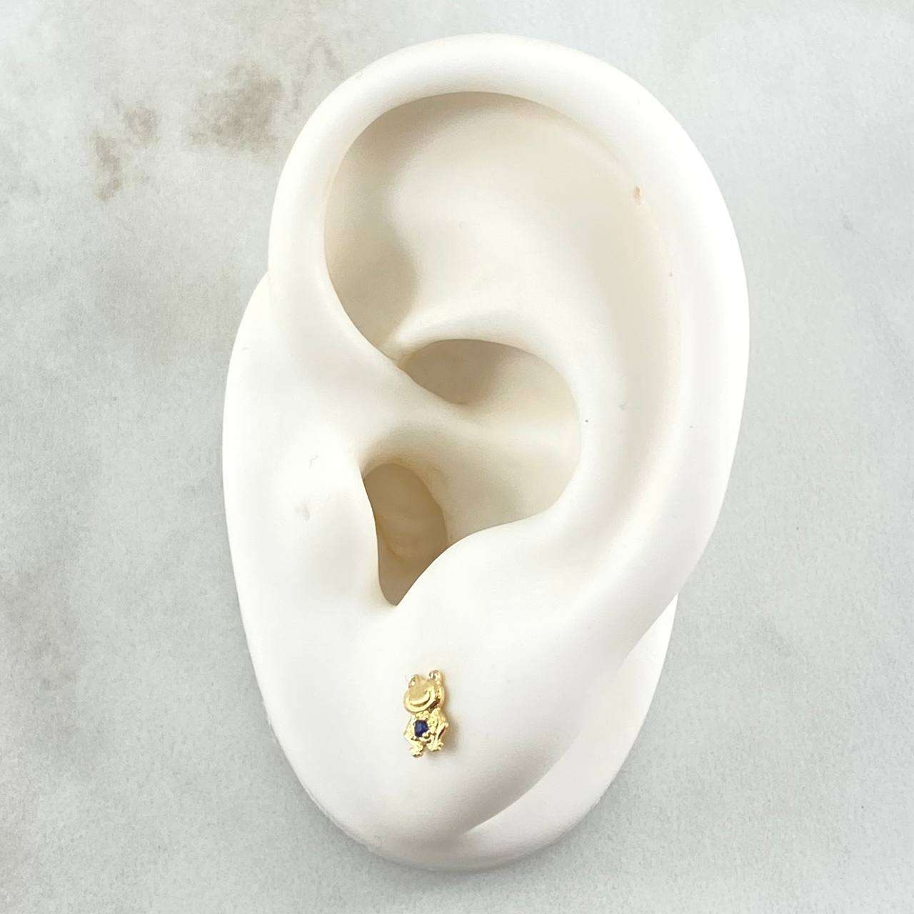 Stud Earrings Animated Frog 0.65gr / 6mm White Zircons Royal Blue 18K Yellow Gold *