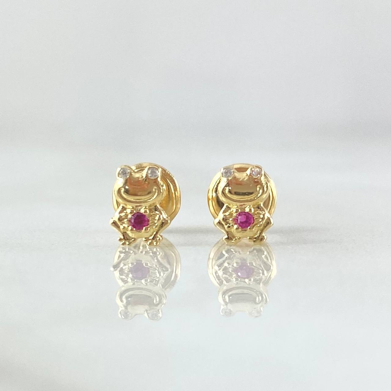 Stud Earrings Animated Frog 0.65gr / 6mm White Fuchsia Zircons 18K Yellow Gold