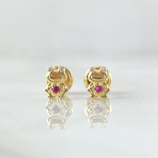 Stud Earrings Animated Frog 0.65gr / 6mm White Fuchsia Zircons 18K Yellow Gold