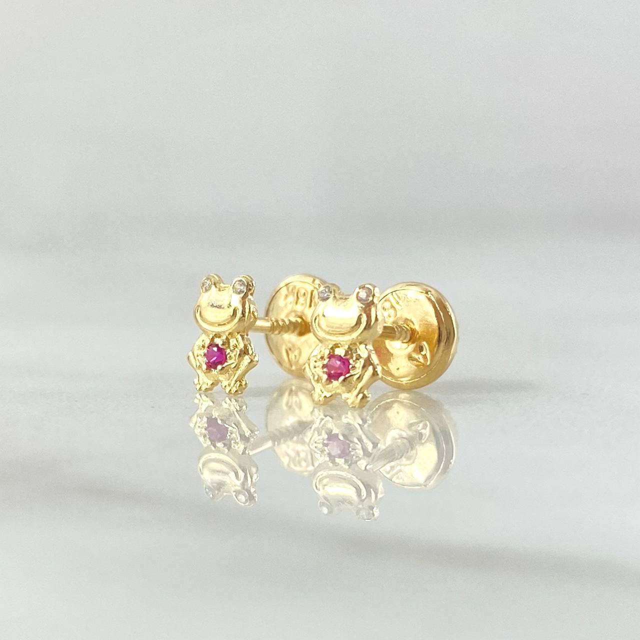 Stud Earrings Animated Frog 0.65gr / 6mm White Fuchsia Zircons 18K Yellow Gold
