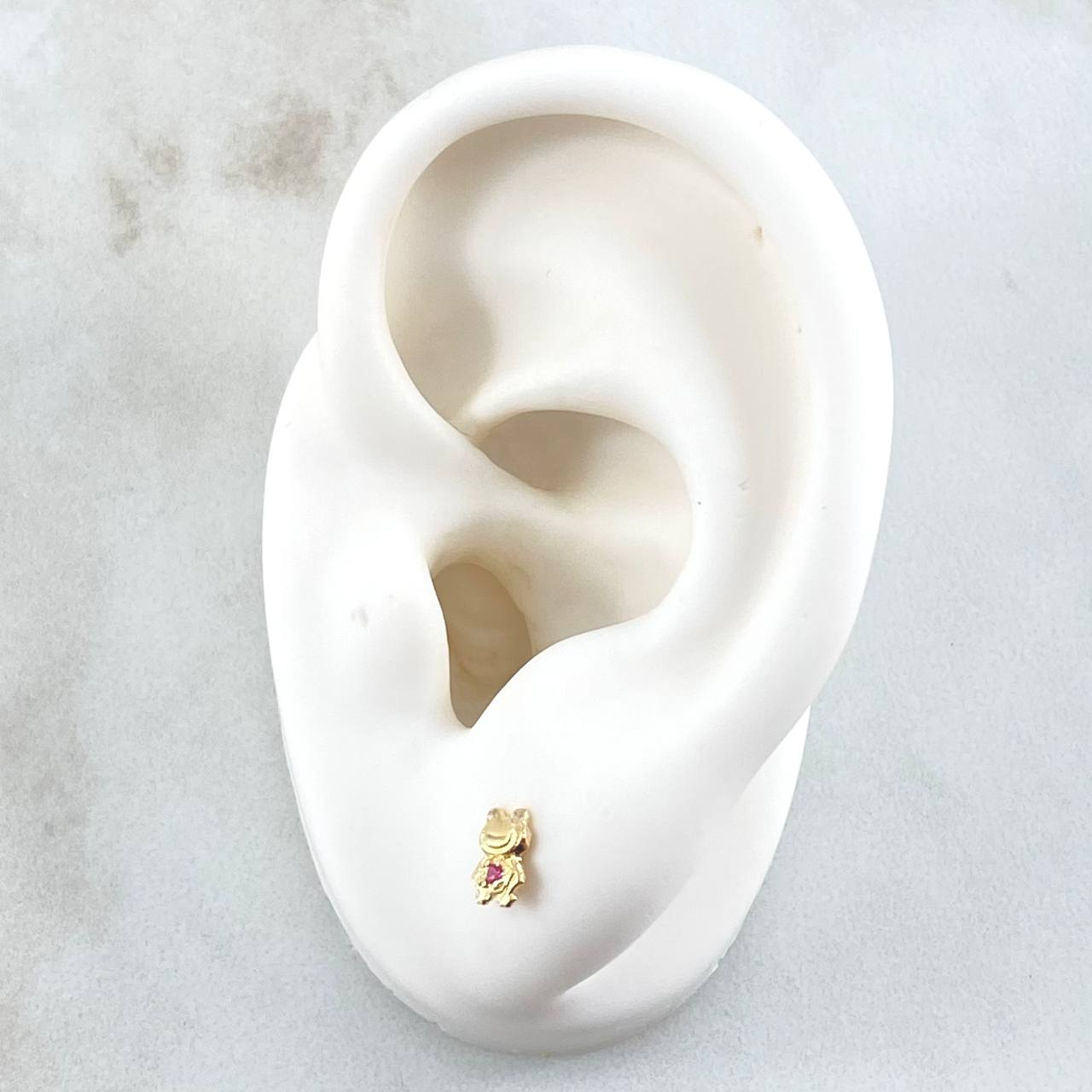 Stud Earrings Animated Frog 0.65gr / 6mm White Zircons Fuchsia 18K Yellow Gold ©