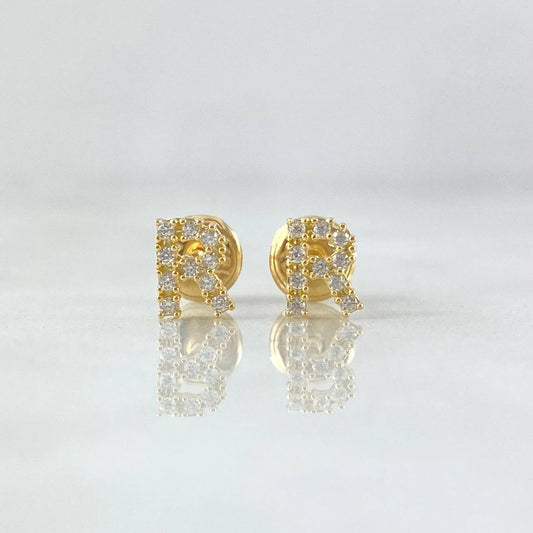 Stud Earrings Letter R 0.7gr / 6mm White Zircons 18K Yellow Gold