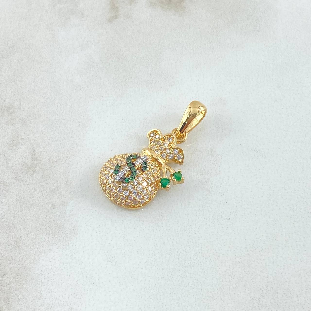 Dije Bolsa de Dinero Coquett 2.6gr / 2.5cm / Circones Blancos Verdes Oro Amarillo 18K ©