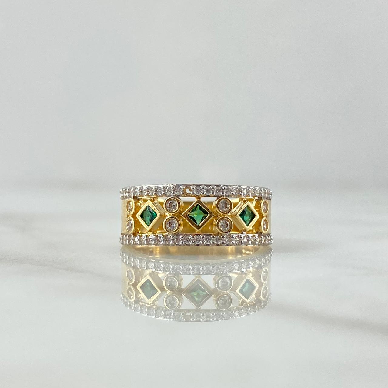 Trio of Rhombus Ring 4.8gr / Size 6 / White and Green Zircons 18K Yellow Gold ©
