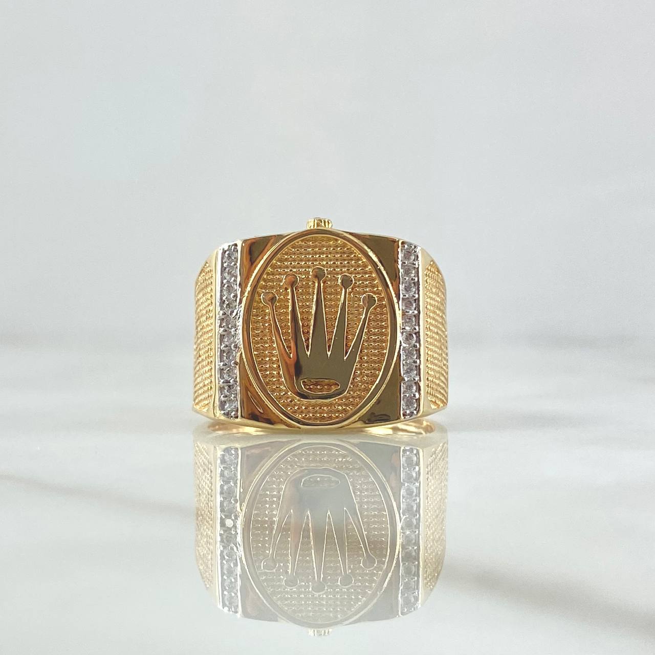 Crown Seal Ring RX 7.8gr / T10 3/4 / Textured Oval Frame White Zircons 18K Yellow Gold ©