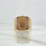 Crown Seal Ring RX 7.8gr / T10 3/4 / Textured Oval Frame White Zircons 18K Yellow Gold ©