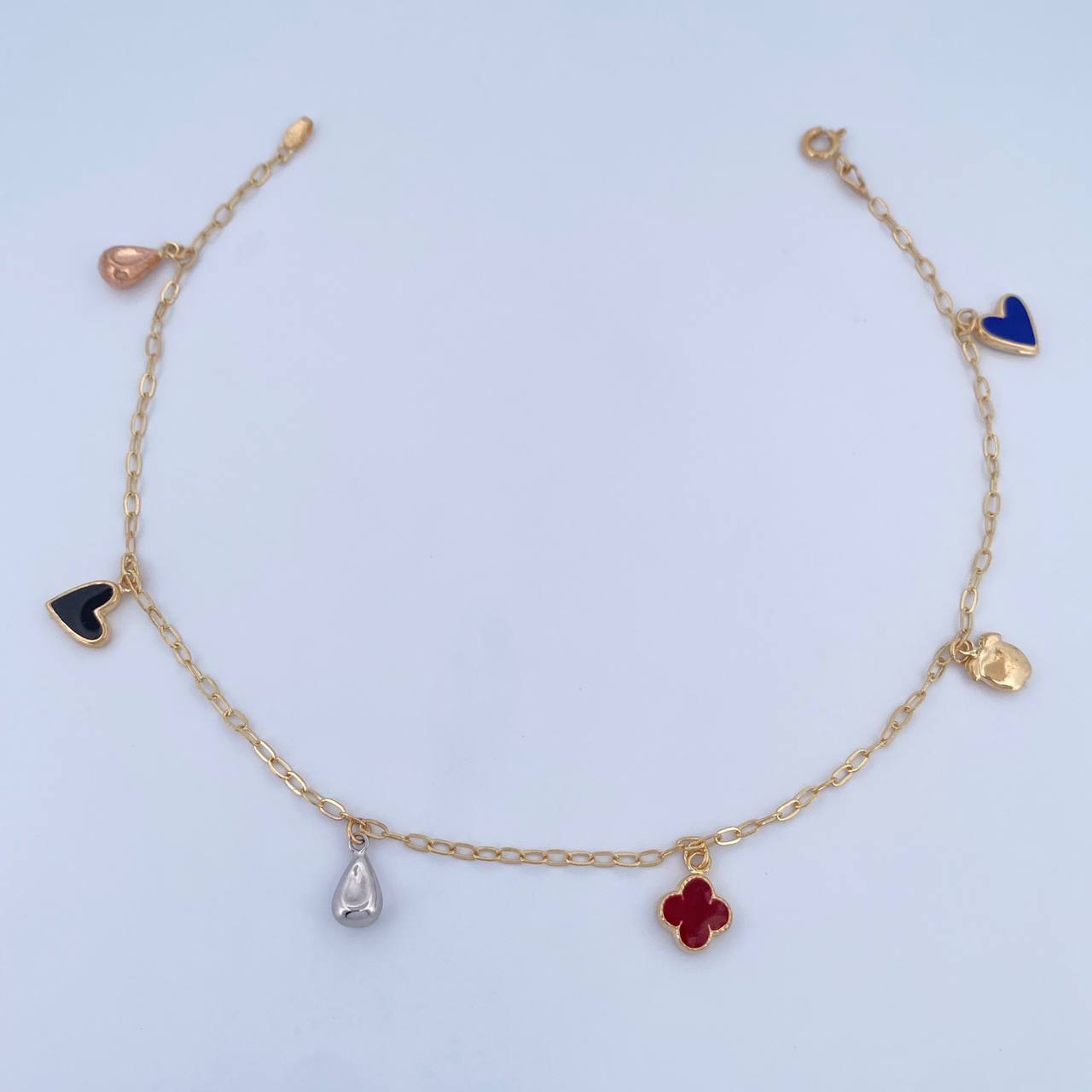 Ankle Bracelet Box 3.4gr / 26.2cm / 1.6mm Pendants Drops Hearts Clover Apple Three Golds 18K &