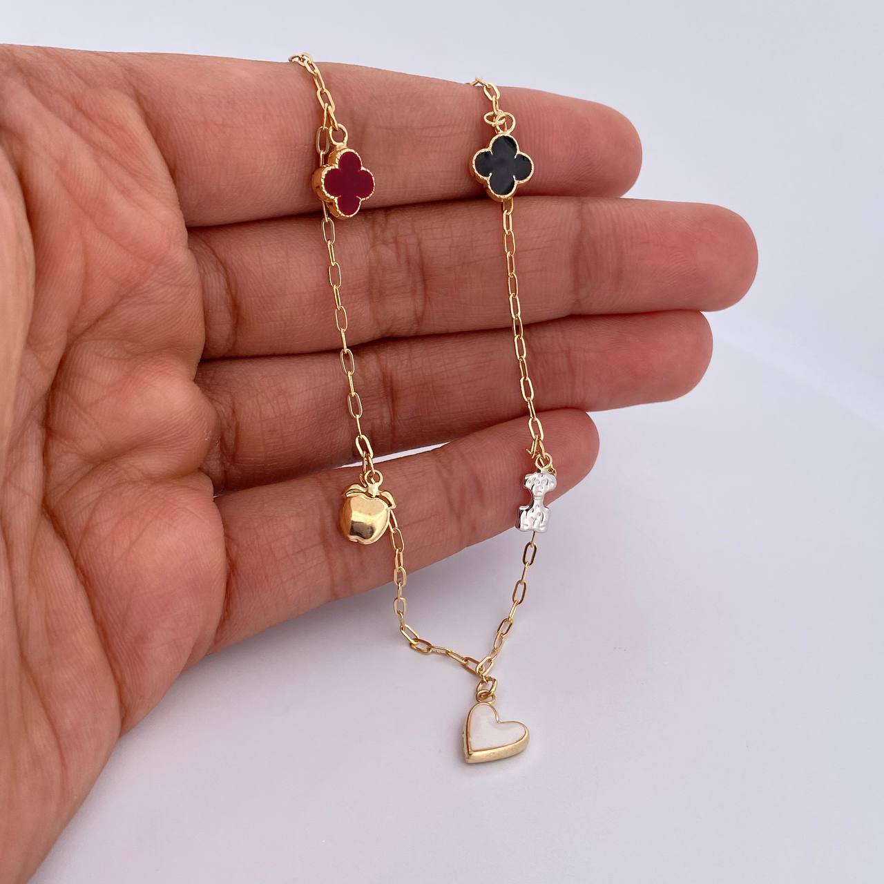 Ankle Bracelet Box 3.35gr / 26.4cm / 1.6mm Pendants Clovers Dog Heart Apple Flower Two Golds Yellow White 18K &